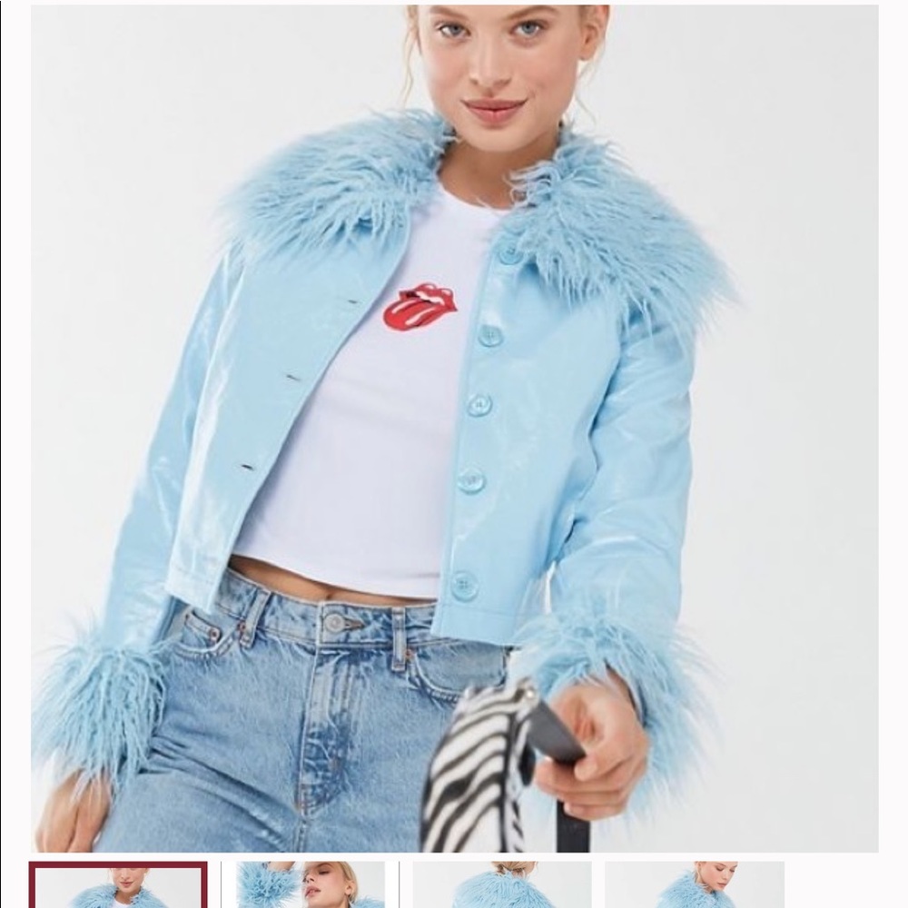 ISO UO Mia Pleather Faux Fur Trim Jacket Baby Blue